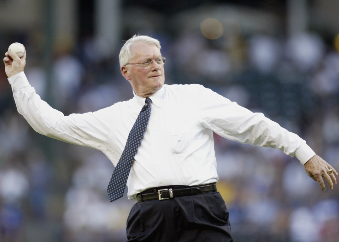 Senator Jim Bunning of Kentucky delivers the opening pitch in MLB game.
