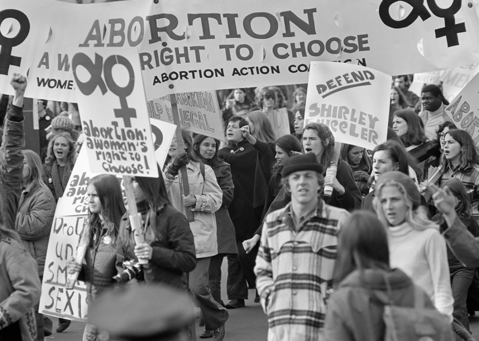 Pro-Choice demonstrators with signs march on Pennsylvania Avenue.
