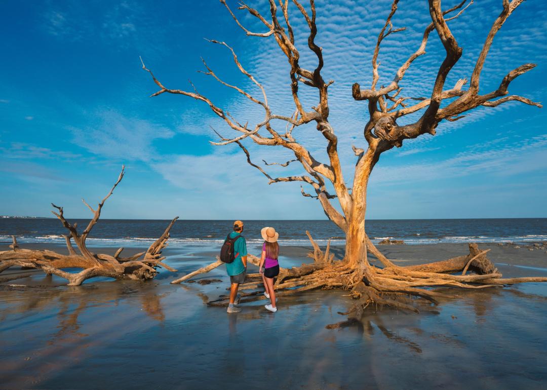 Couple standing on Driftwood beach at sunset.