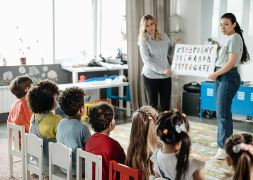 Two teachers hold up reading cards to a class of children