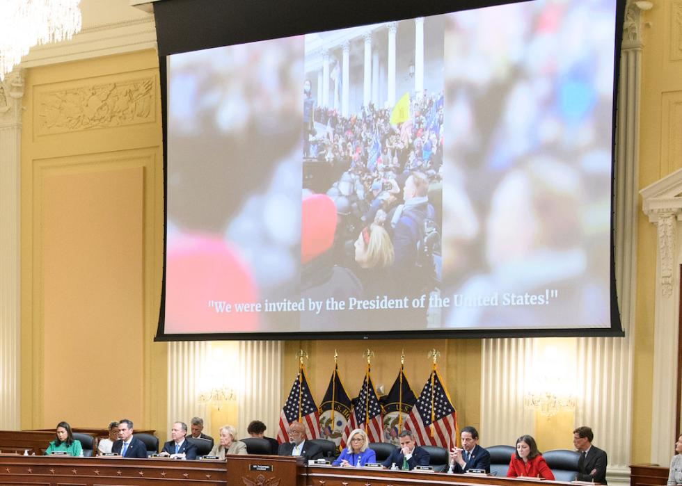 An image is displayed during a hearing by the Select Committee to Investigate the January 6th Attack on Capitol Hill on June 9, 2022 in Washington, DC.