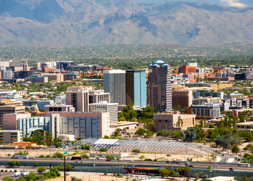 Tucson, Arizona urban skyline at dusk.
