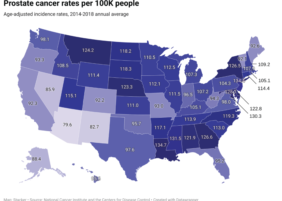 Prostate Cancer rates per 100k state map