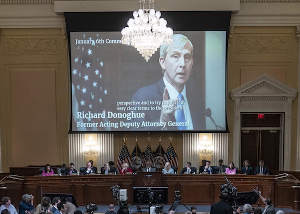 A video of former Acting Attorney General Richard Donoghue is shown on a screen during the second hearing held by the Select Committee to Investigate the January 6th Attack on the U.S. Capitol on June 13, 2022 on Capitol Hill in Washington, DC.