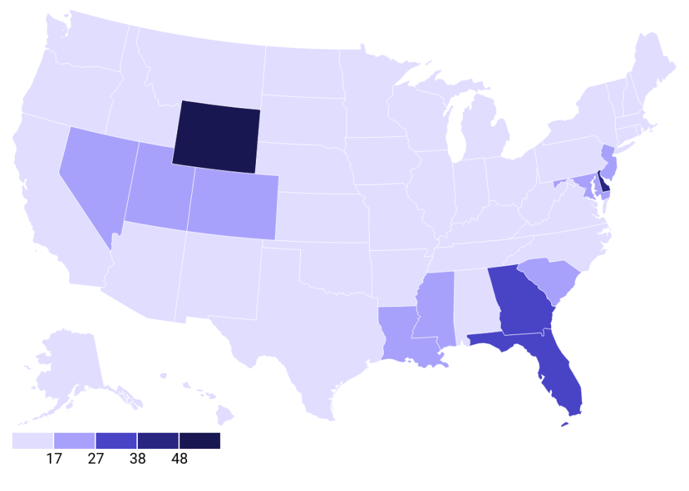 Heat map showing states with the most new business applications per capita. Wyoming and Delaware are darkest in color because they had the most applications