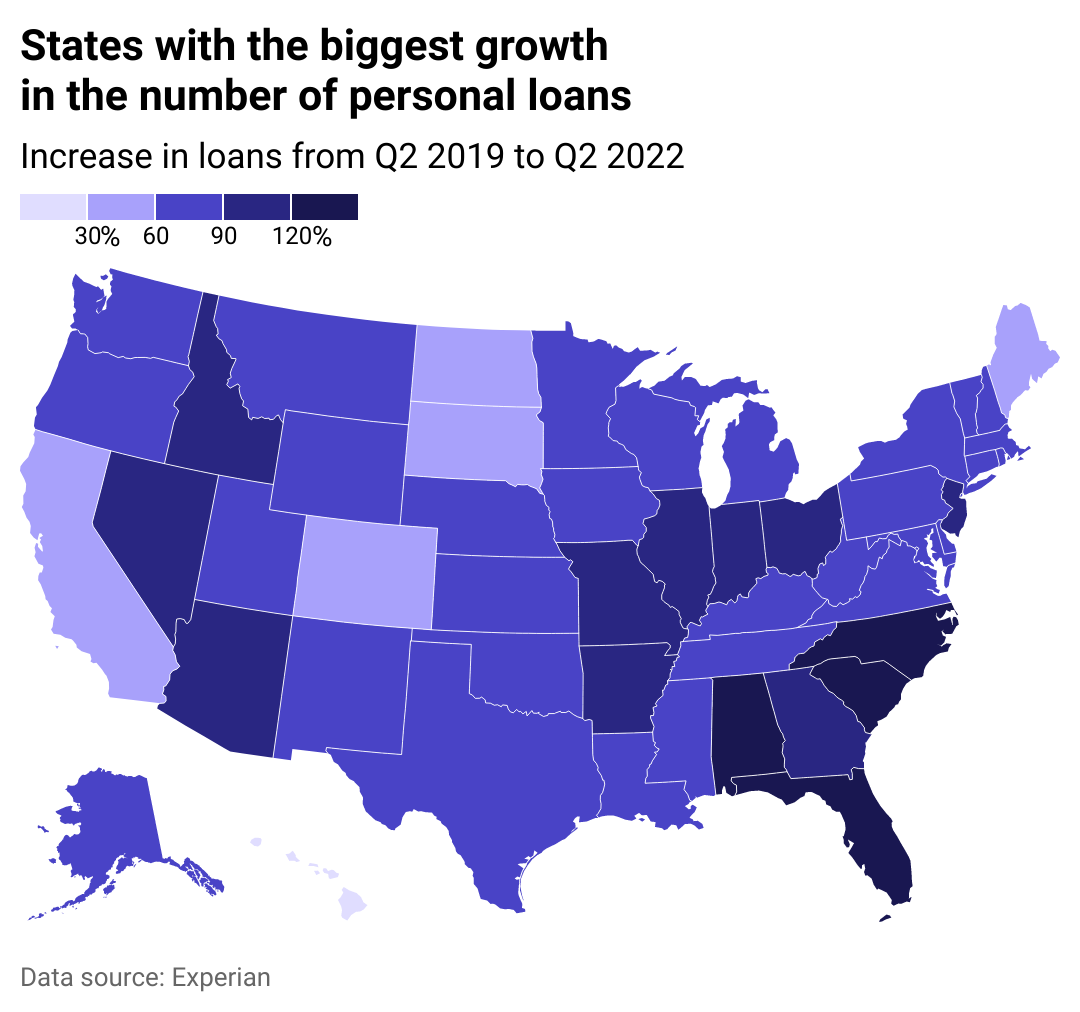 A heat map showing which states are taking out more personal loans.