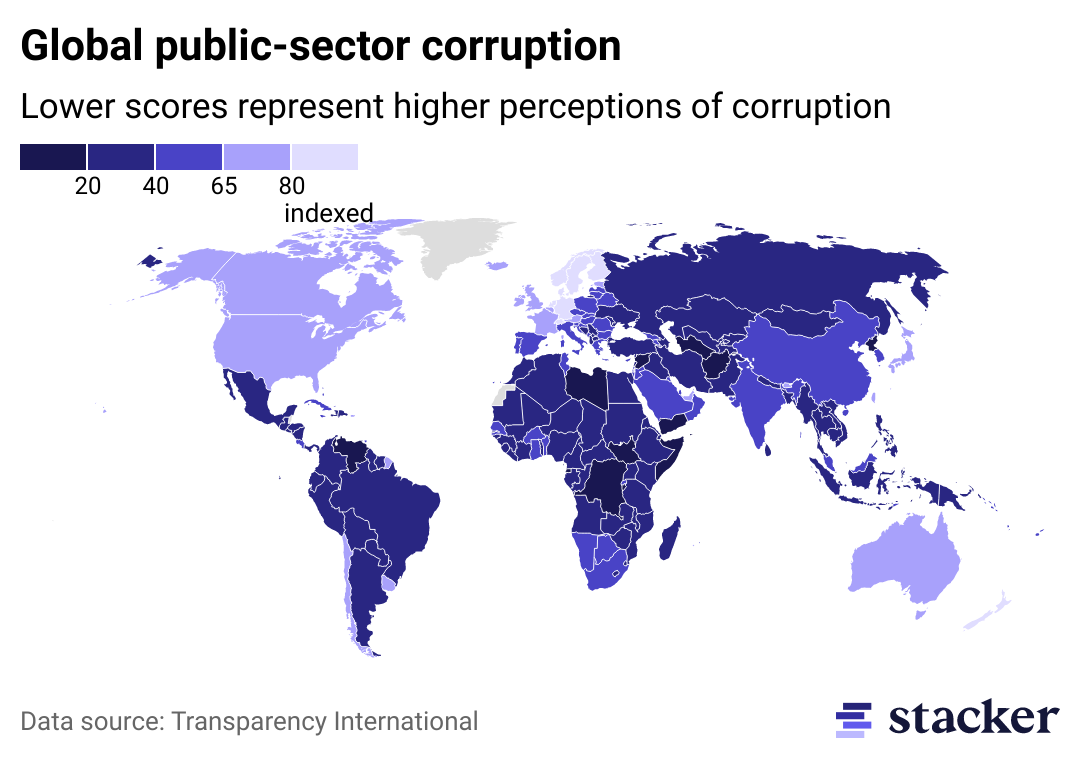 World map of countries based on public sector corruption score