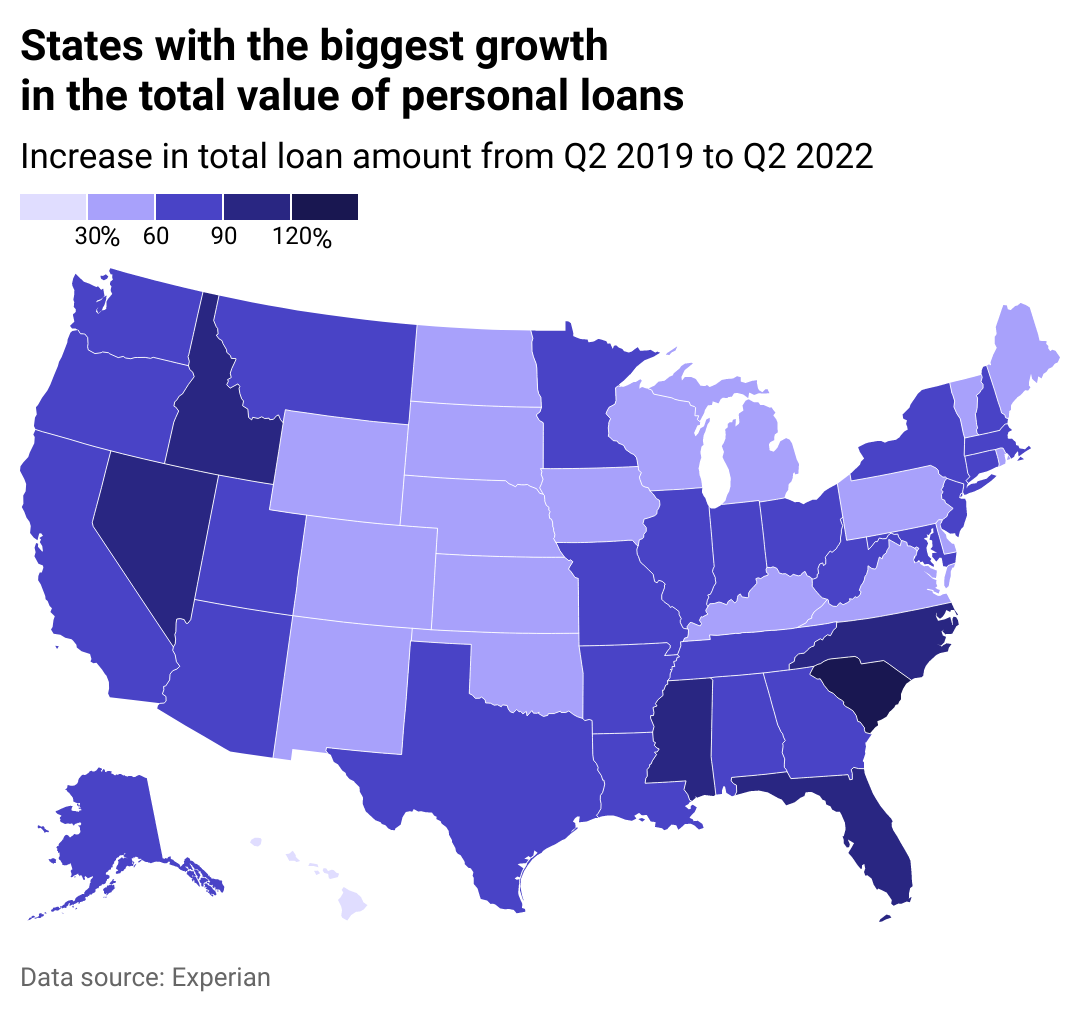 A heat map showing which states taking out more money in personal loans.