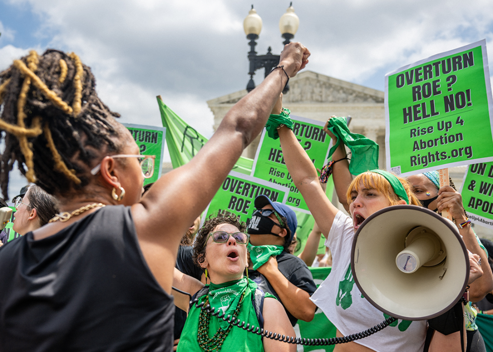 Elizabeth White leads a chant in response to the Dobbs v. Jackson Women's Health Organization ruling.