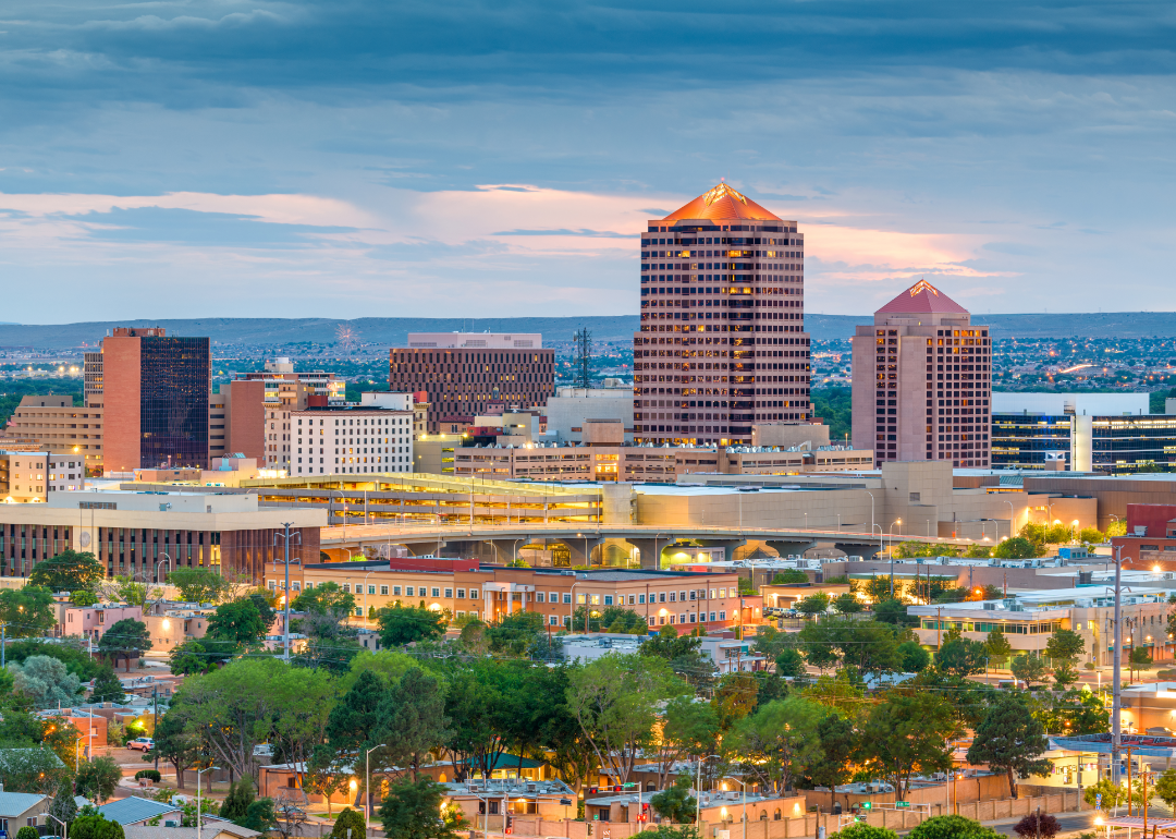 An aerial view of Albuquerque, New Mexico at sunset.