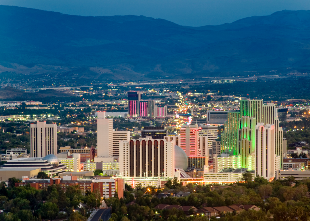 Cityscape of Reno, Nevada at dusk.