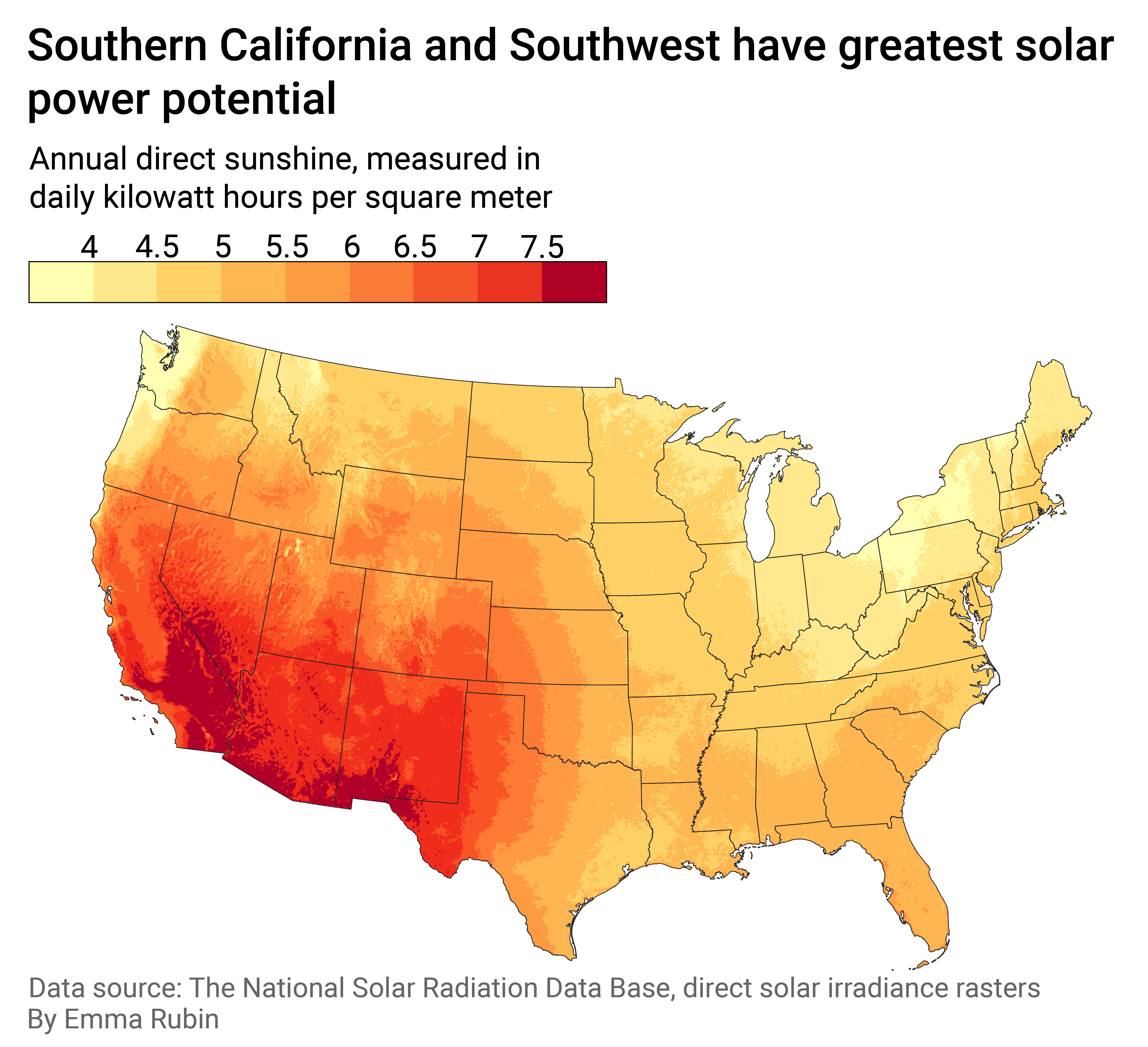 Map of direct normal irradiance in the U.S.