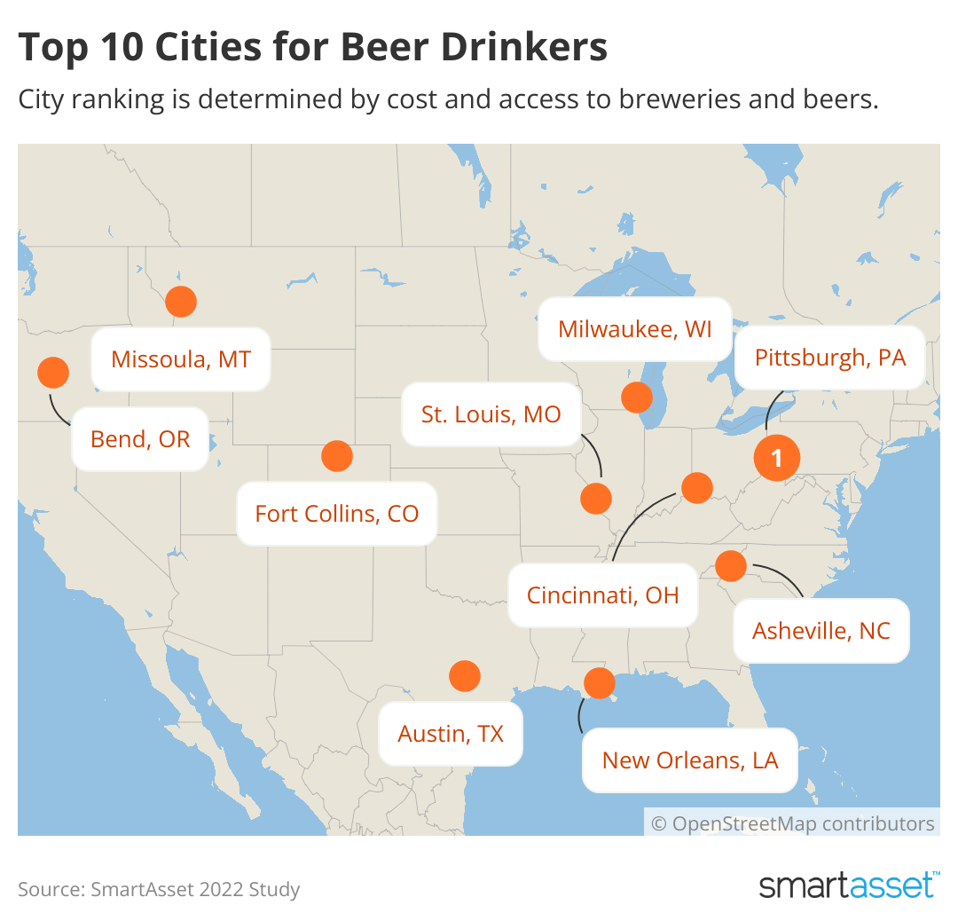 A map of the United States showing the top ten cities for beer drinkers.