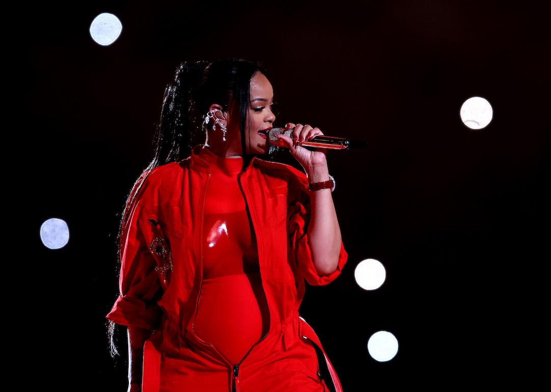 Rihanna performs onstage during the Apple Music Super Bowl LVII Halftime Show in 2023 at State Farm Stadium in Glendale, Arizona.