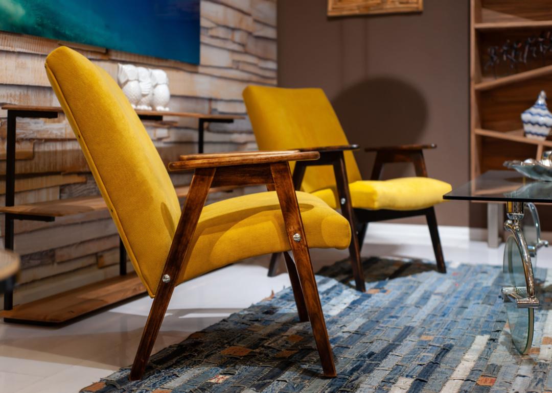Yellow armchairs from the 70s in a living room.