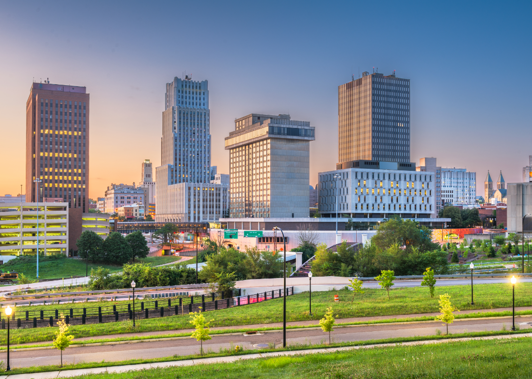 A distant view of the Akron, Ohio, skyline.