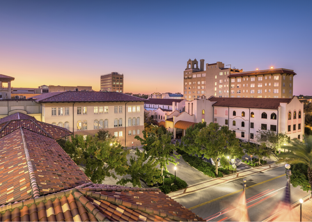 A view from above of several buildings at sunset in Lakeview, Florida.