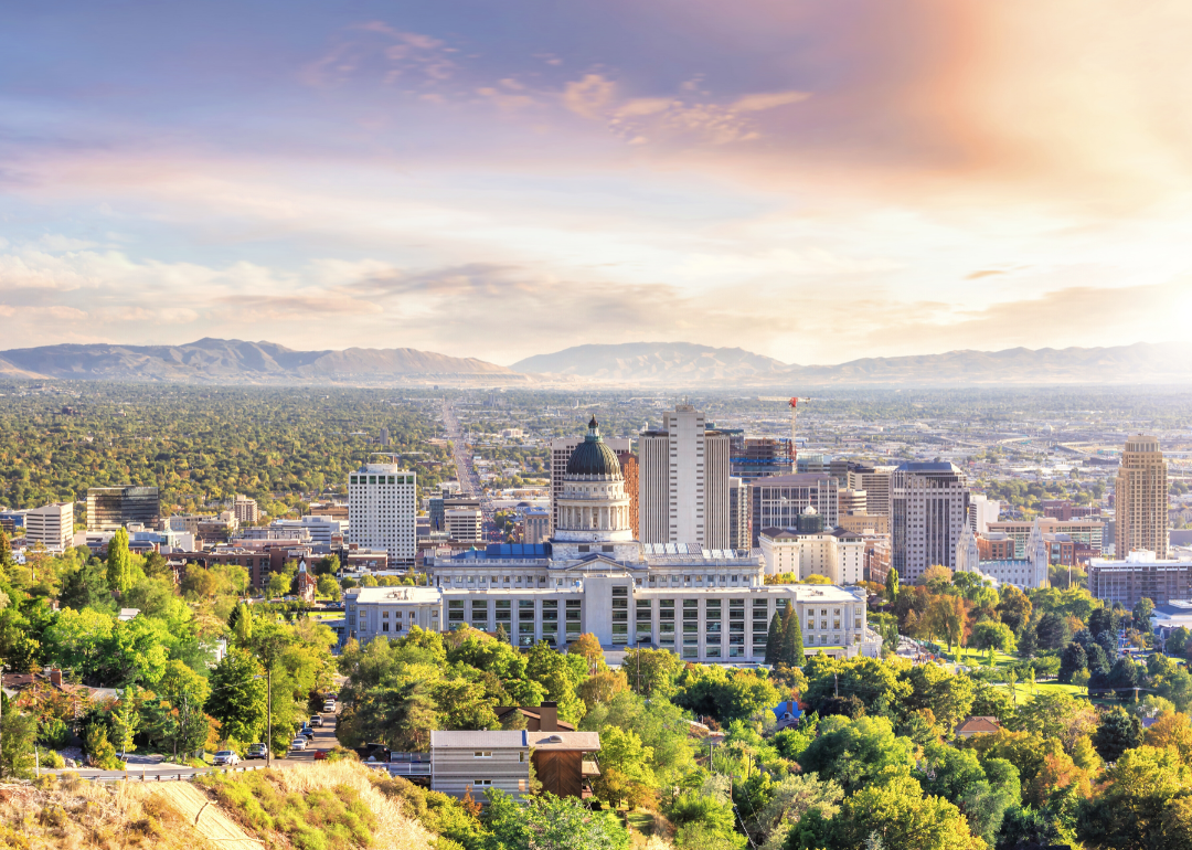 A distant view of the Salt Lake City skyline early in the day.