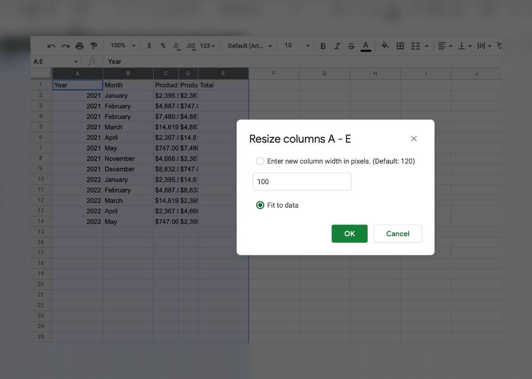 A close-up of several spreadsheet cells including columns for first name, last name and date of birth.