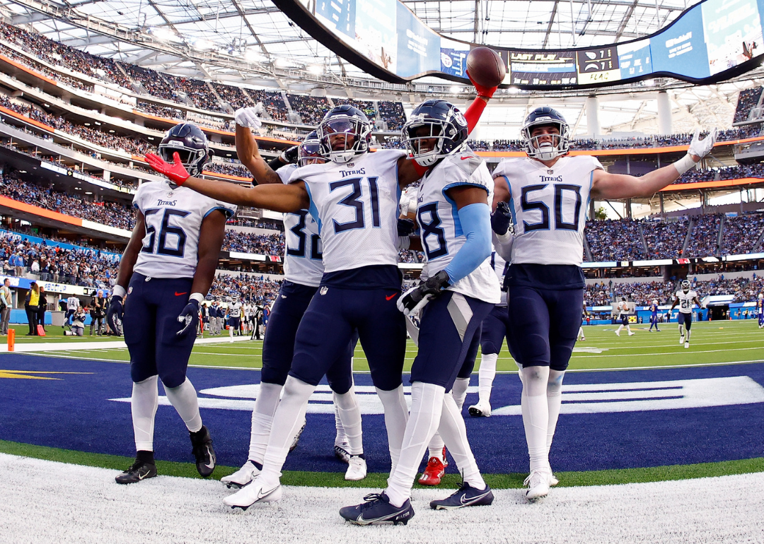 Kevin Byard #31 of the Tennessee Titans celebrates with teammates after an interception against the Los Angeles Chargers at SoFi stadium in 2022.