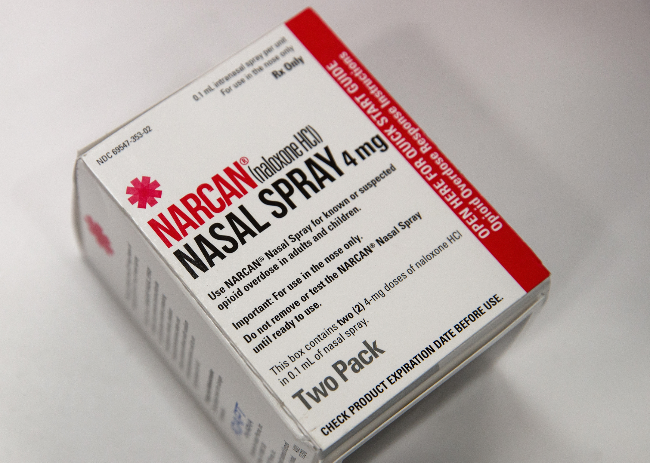 Close up of a box of narcan nasal spray