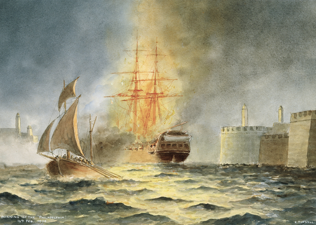 Watercolor by Commander Eric C. C. Tufnell of the burning of the frigate USS Philadelphia