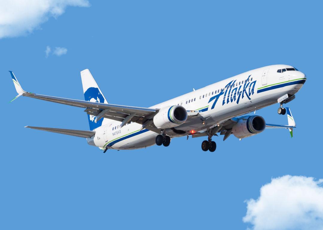 An Alaska Airlines jet in flight.