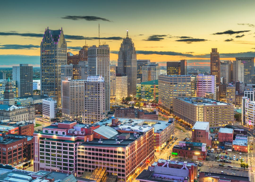 An aerial view of Detroit at dusk.