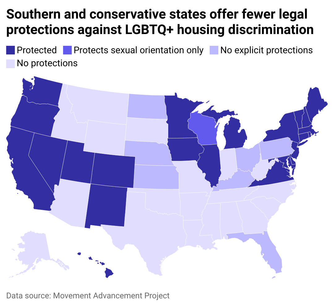 A map showing housing protections for LGBTQ+ people by state.