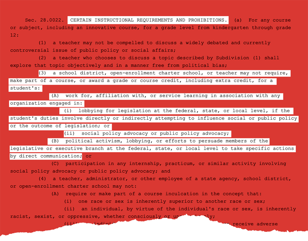 A stylized illustration of a section of Texas state law.