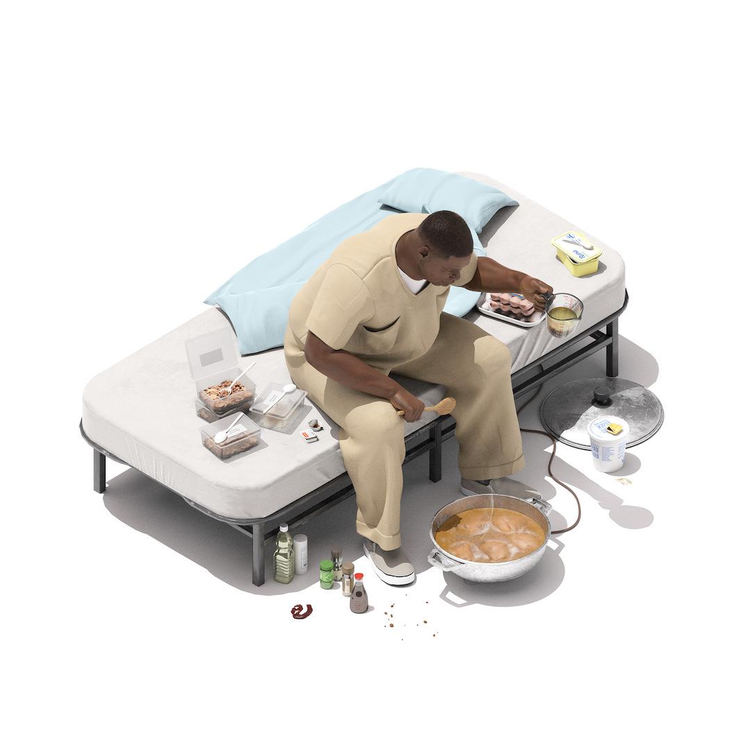 A person sits on a bed, with bags and plastic containers around, mixing items into a metal bowl on the floor.