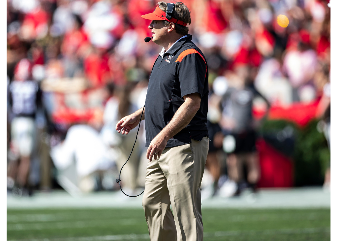 Head coach Kirby Smart of the Georgia Bulldogs directs play during a game between Georgia Bulldogs Red and Georgia Bulldogs Black at Sanford Stadium on April 15, 2023 in Athens, Georgia. 