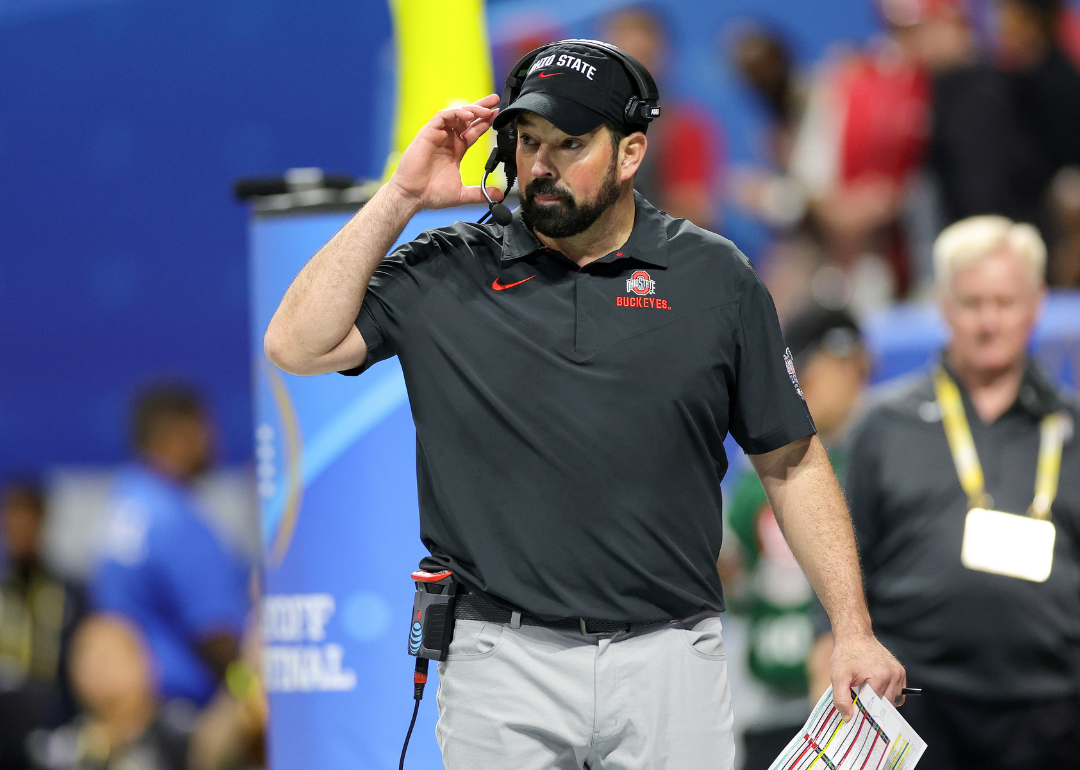 Head coach Ryan Day of the Ohio State Buckeyes is seen during the third quarter against the Georgia Bulldogs in the Chick-fil-A Peach Bowl at Mercedes-Benz Stadium on December 31, 2022 in Atlanta, Georgia.