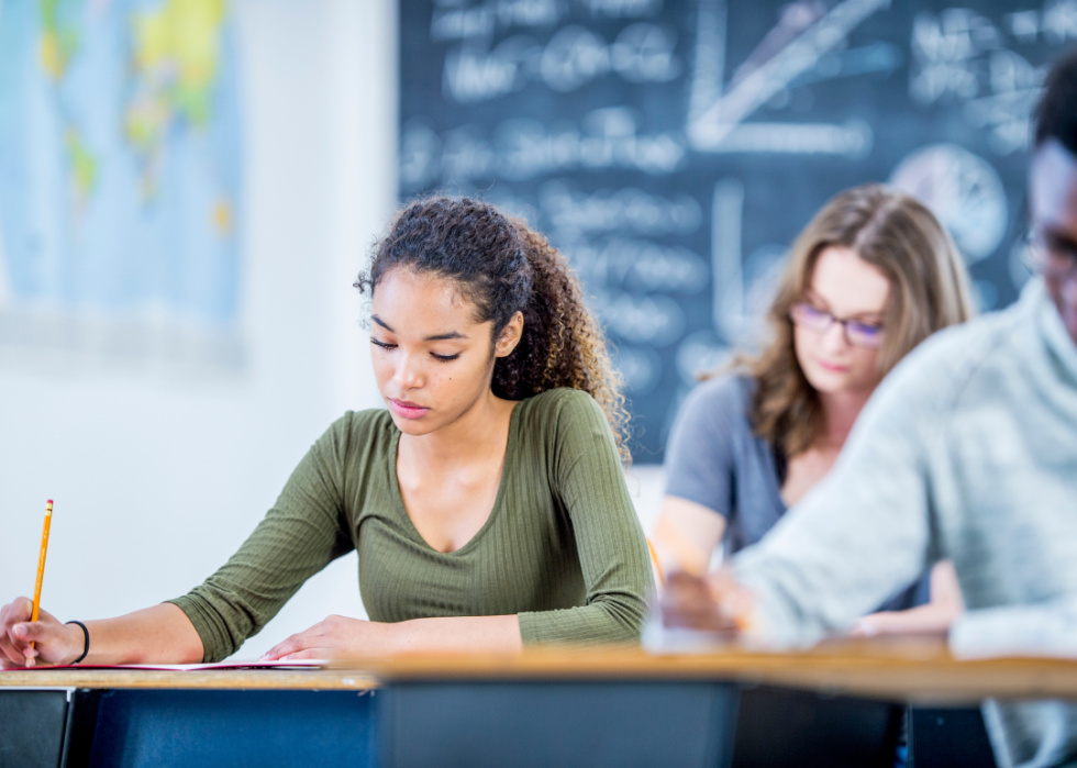 A Black female student sitting at a desk and studying