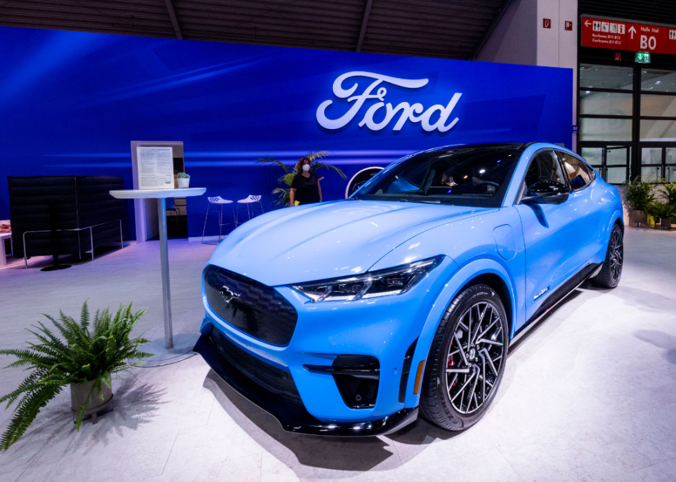 A Ford Mustang electric car is presented at the Ford stand during the Munich Motor Show IAA Mobility on September 07, 2021 in Munich, Germany.