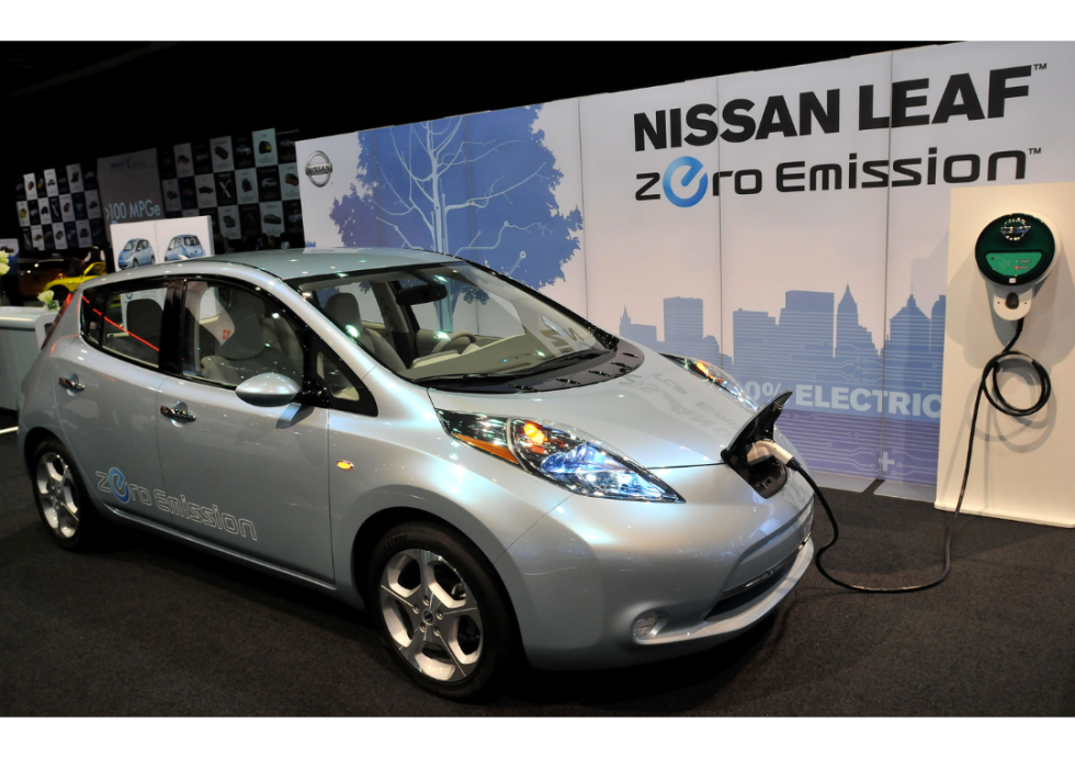 The Nissan Leaf prototype electric car on display during the press preview for the world automotive media North American International Auto Show at the Cobo Center January 12, 2010 in Detroit, Michigan.