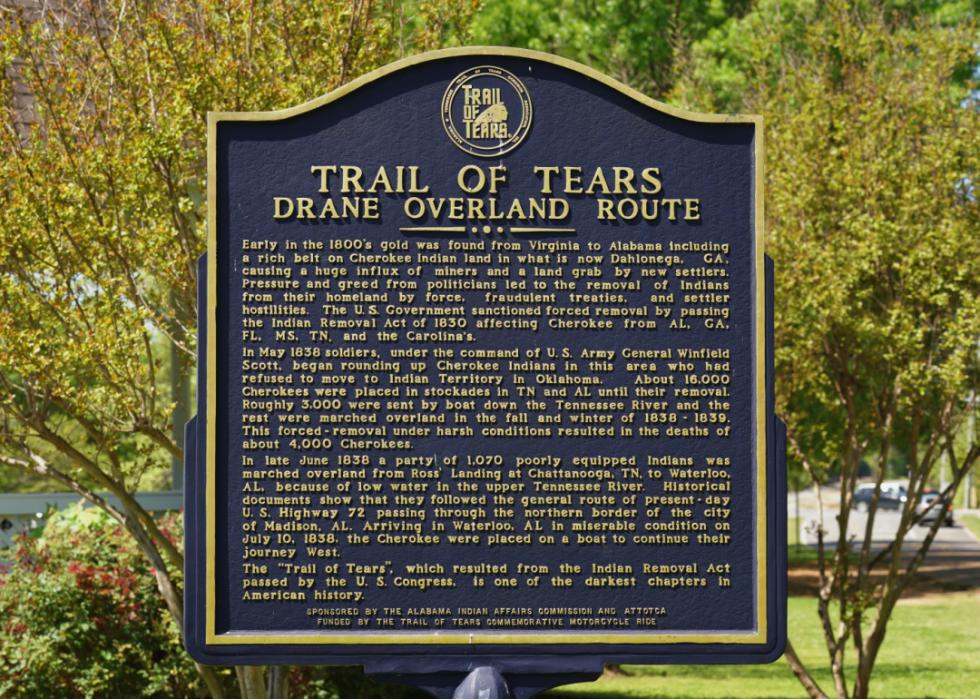 A placard of the Trail of Tears Drane Overland Route.