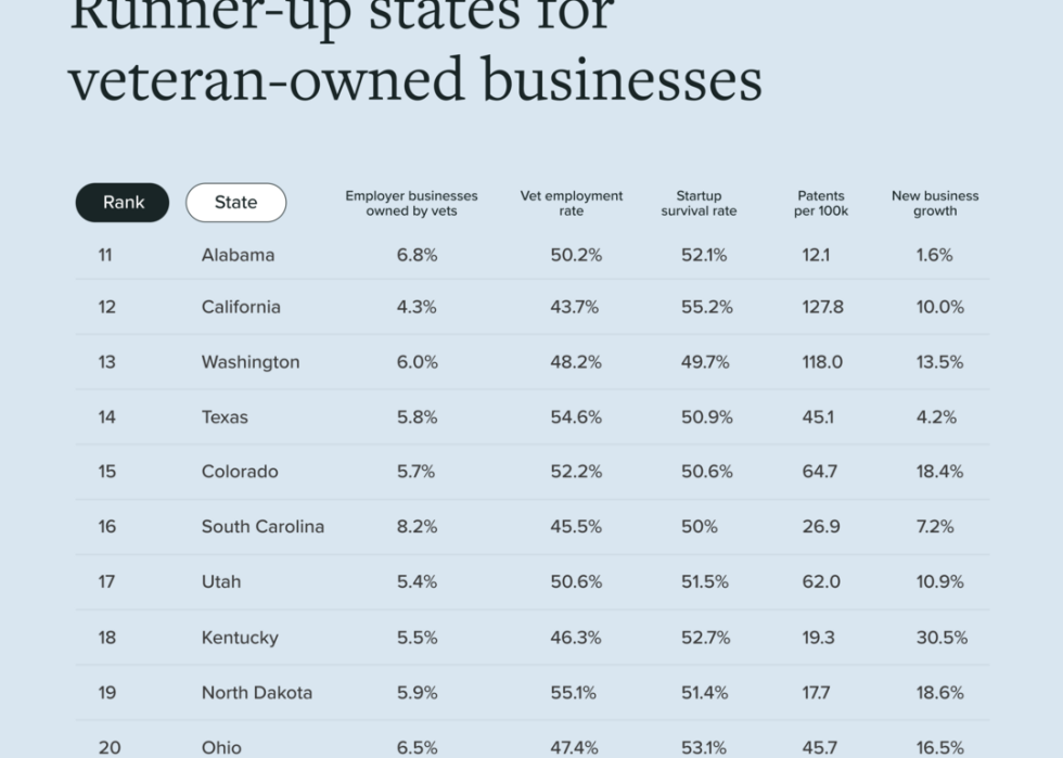 A graphic of runner-up best states for vet owned business