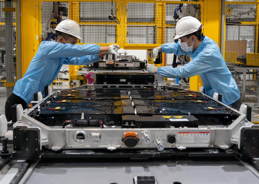 Inside an electric vehicle battery pack shop at a VinFast factory in Haiphong, Vietnam on Saturday, Dec. 25, 2021.