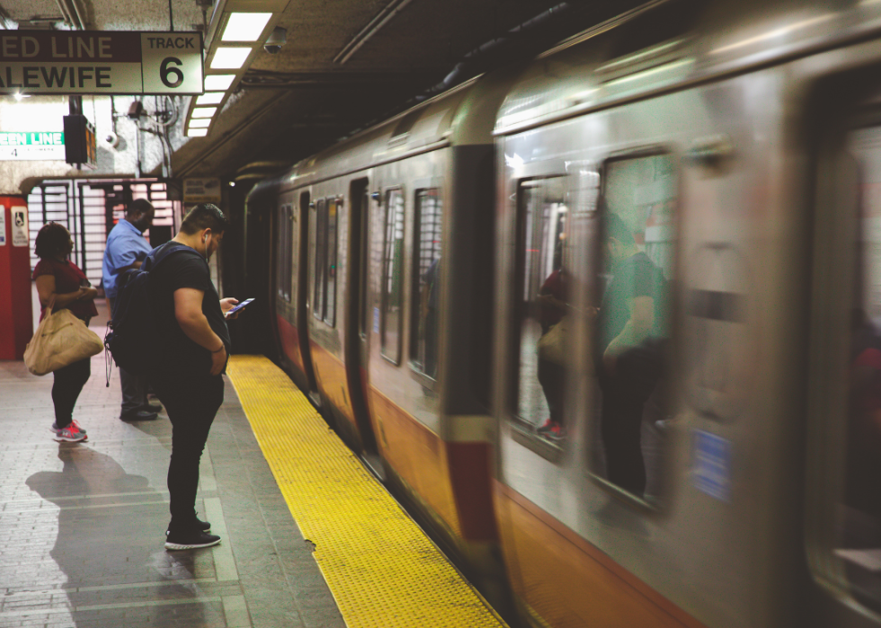 A light rail line operating out of a station in Boston