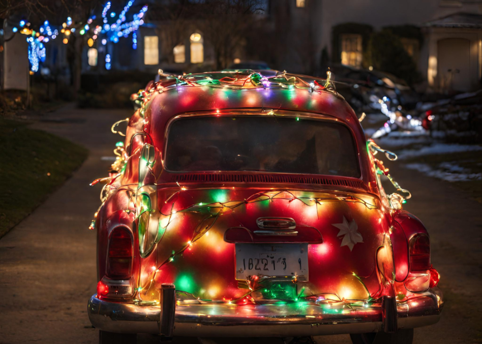 A car covered in LED holidays lights