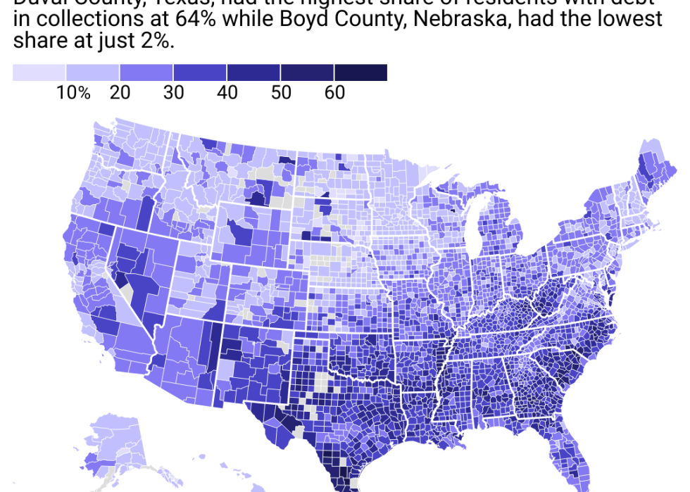 A county-level map of the United States showing where people were the most likely to have debt in collections in February 2022. Counties in the South, as well as near the Appalachian mountains, had especially high consumer default rates.