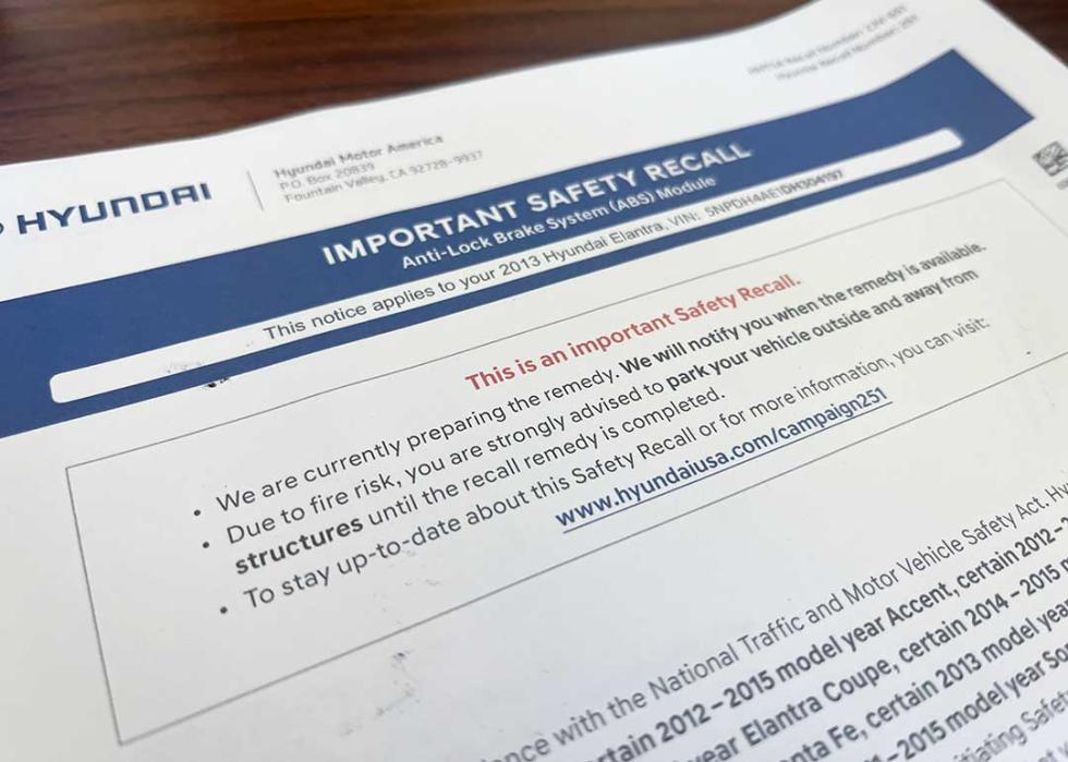 A “park outside” safety recall mailed to Hyundai drivers in November 2023.