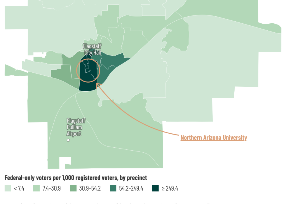 map showing federal-only voter concentrations in Flagstaff, near NAU campus