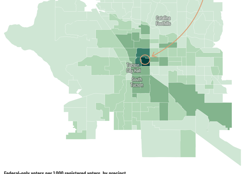 map showing federal-only voter concentrations in Tucson, near UofA campus