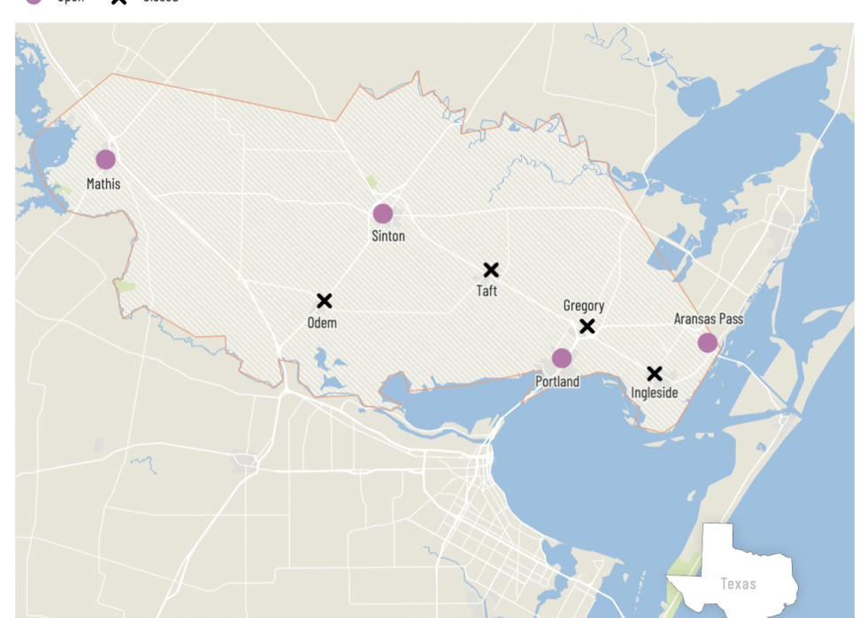 map showing where San Patricio County has closed early voting sites