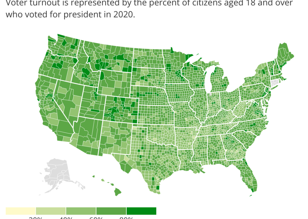 map showing voter turnout by county, 2020 presidential election