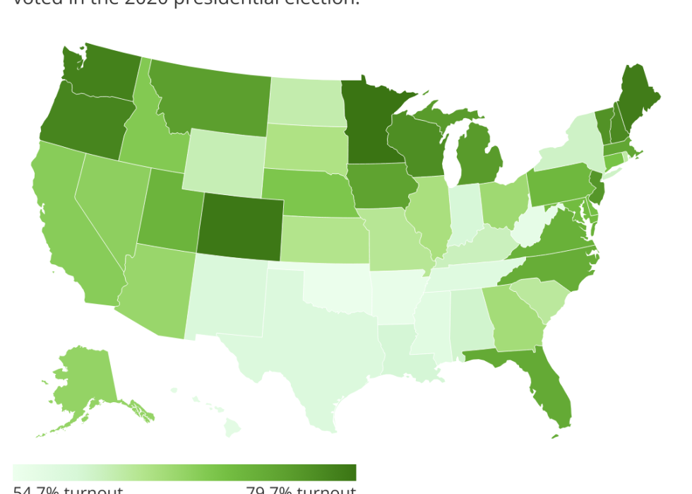 map showing voter turnout in the 2020 election
