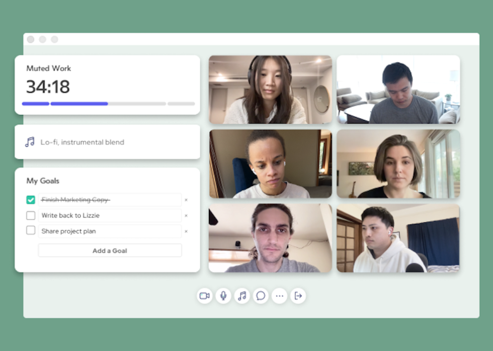 Screenshot of virtual co-working session that shows different features such as lists and music.