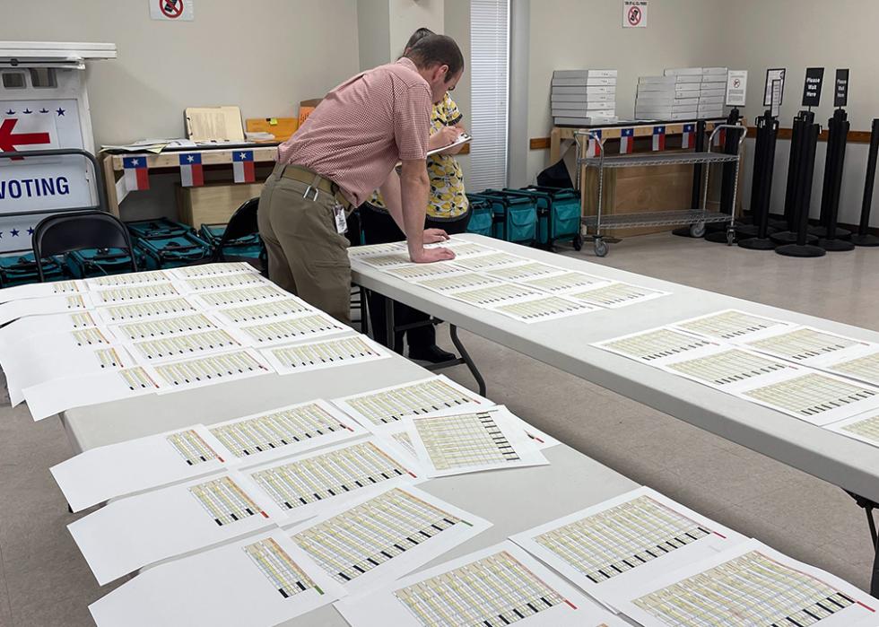 Elections staff surrounded by ballots reviewing precinct totals.